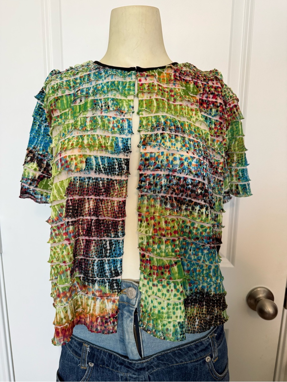 Vintage R&K Originals Lightweight Ruffled Watercolor Fairy Short Sleeve Jacket